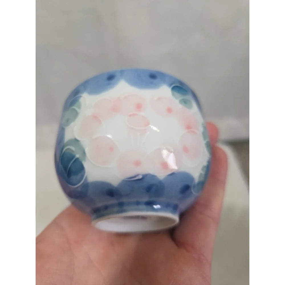 Vintage JAPAN Hand Painted Oriental Flower Textured Design Tea Cup 4 Blue Pink